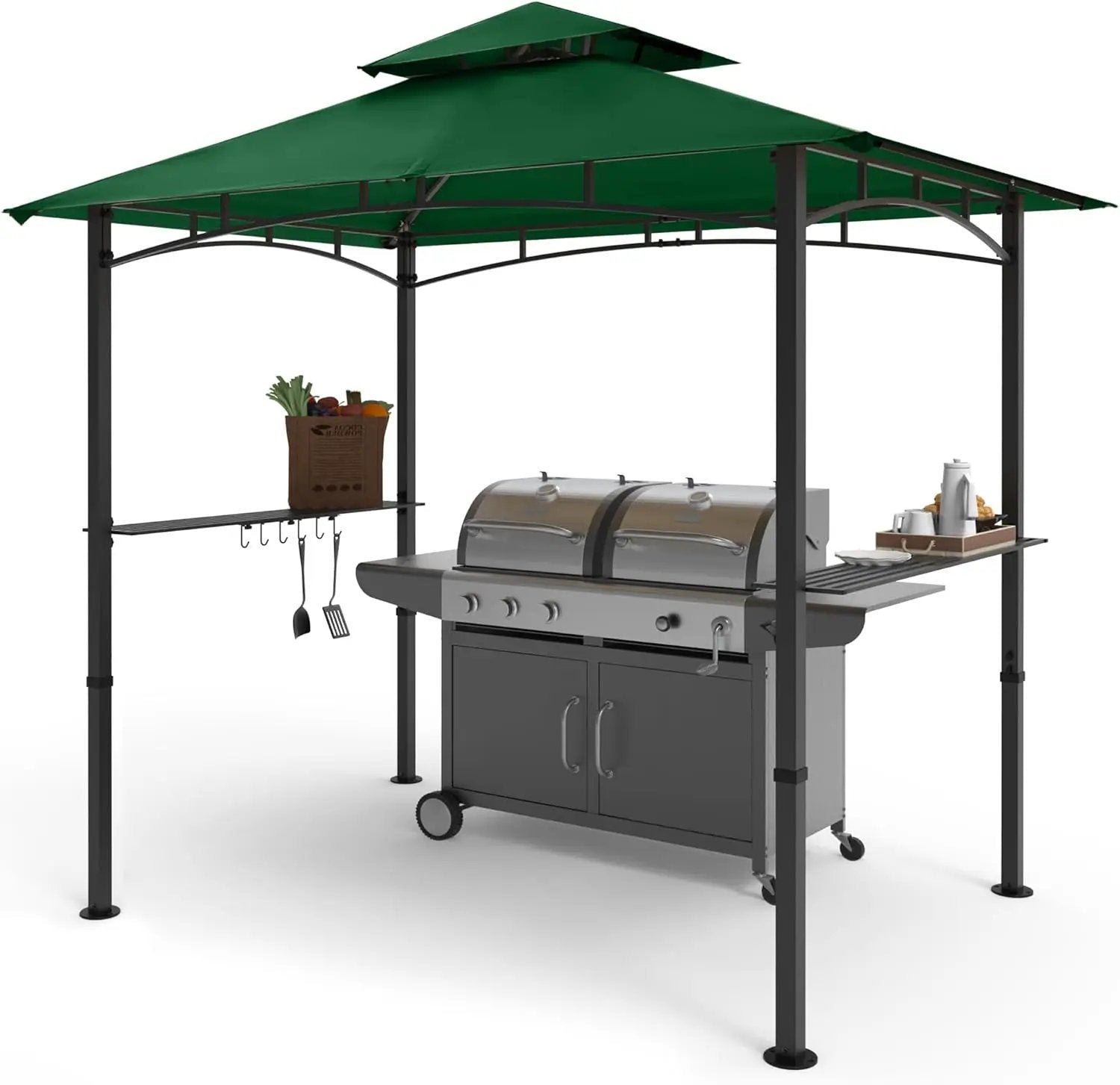 COOSHADE 8'x 5' Grill Gazebo Double Tiered Outdoor BBQ Gazebo Canopy with LED Light (Forest Green) by GreenHaven Gardens