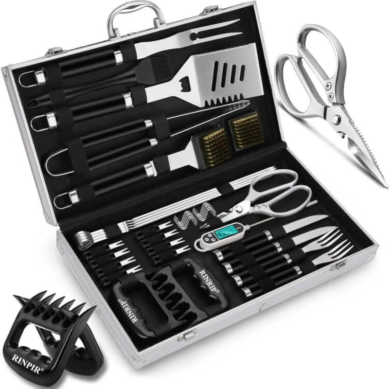 35pcs Deluxe Grilling Gifts Set for Birthday Fathers Day, Stainless Steel BBQ Accessories Kit for Men Dad, Professional Grill Tools Utensils with Scissors, Meat Claws in Aluminum Case Black by GreenHaven Gardens