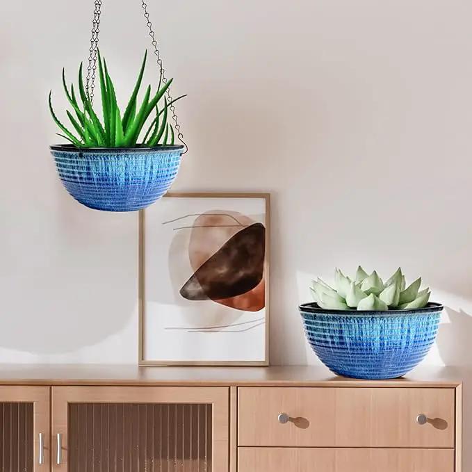 10in Hanging Planters for Indoor and Outdoor Plants, 2 Pack Hanging Planter with Drainage Hole, Round Hanging Flower Pots for Garden Home Decor (Blue Glaze) by GreenHaven Gardens