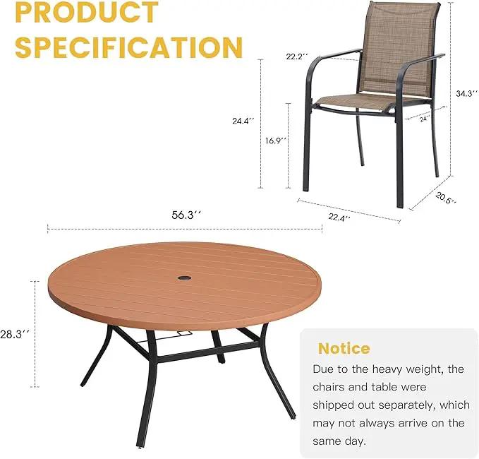 VICLLAX Patio Dining Set for 8, 9 Pieces Outdoor Furniture Set Includes 56.3" Round Patio Table and 8 Patio Stackable Chairs, Outdoor Table and Chairs for Outsides, Walnut Tabletop and Brown Fabric by GreenHaven Gardens