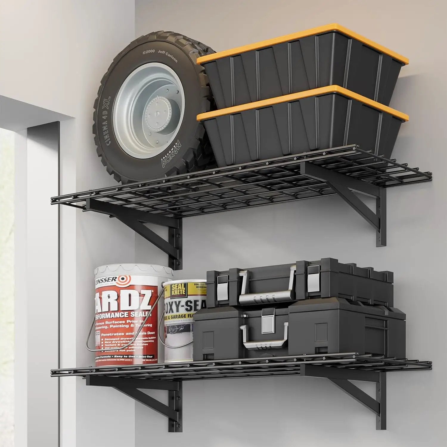2 Pack Heavy Duty Garage Wall Shelving Set (1.5x4ft), Wall Mounted Garage Shelves 500lbs Capacity, 18"x48" Shelf Storage Rack Floating Shelves, Black by GreenHaven Gardens