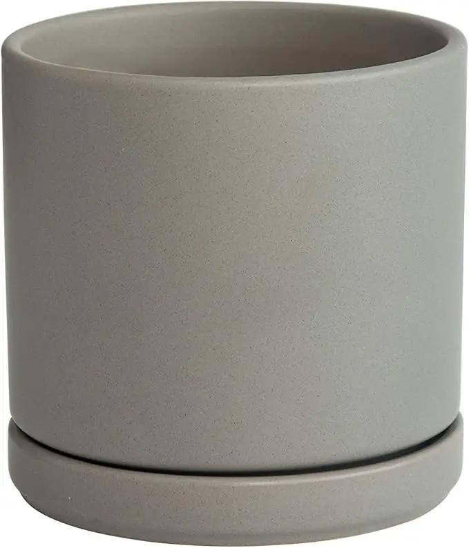D'vine Dev 6 Inch Ceramic Planter Pot with Drainage Hole and Saucer, Indoor Cylinder Round Flower Pot, Grey, 94-O-C-3 by GreenHaven Gardens