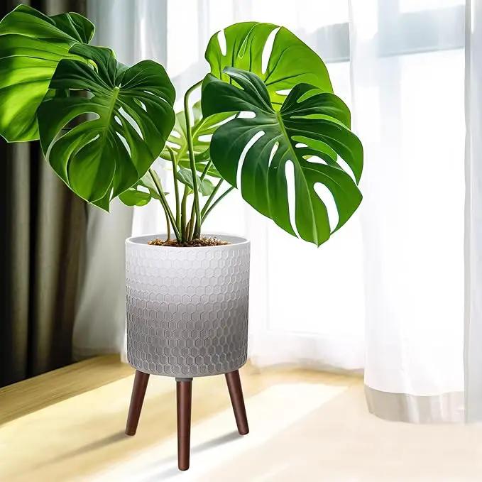 10 Inches Plant Pot with Stand, Large Modern Standing Planters with Drainage Holes for Indoor Plants, White&Gray Flower Pots with Legs by GreenHaven Gardens