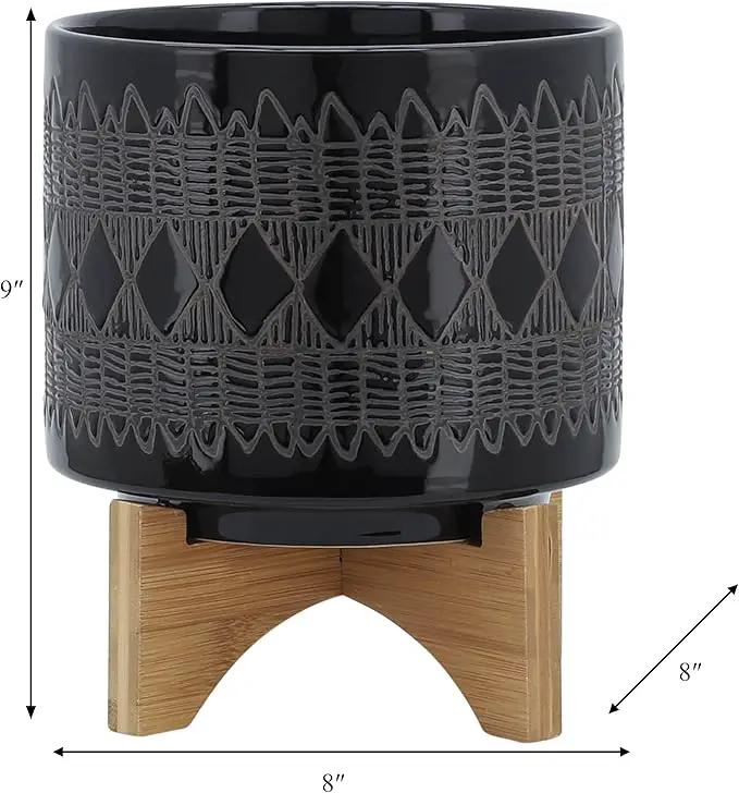 Sagebrook Home Black and Gray Aztec Design Ceramic Planter with Solid Rubberwood Stand for Tabletop Display in Living Room, Bedroom, or Office by GreenHaven Gardens
