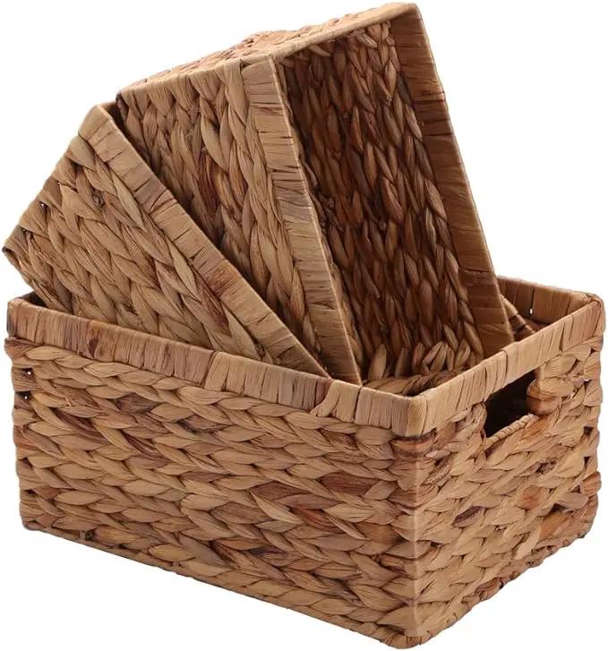 Storage Baskets,Woven Natural Water hyacinth Box with Handle,Kingwillow.(Set of 3) by GreenHaven Gardens