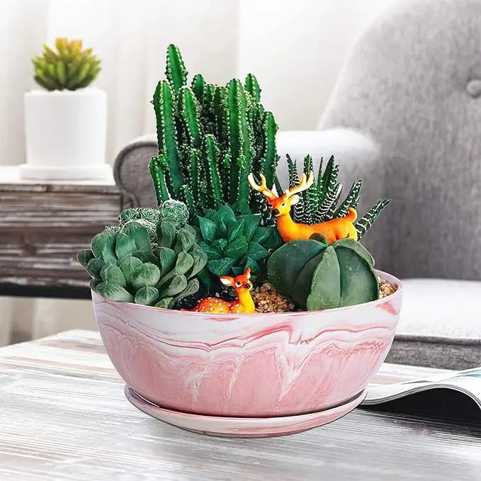 G EPGardening Large Ceramic Succulent Planter Pot with Drainage Hole and Saucer Large Marble Flower Pot for Plants Round Bonsai Planter Pot Indoor Outdoor Pink by GreenHaven Gardens