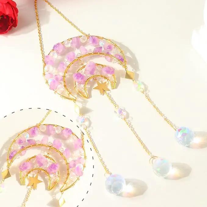 Amethyst Crystals Suncatcher - Hanging Moon Sun Catcher with Glass Prisms for Windows, Healing Amethyst Crystal Decor for Home, Gift for Christmas Birthday Valentine Mothers Day by GreenHaven Gardens