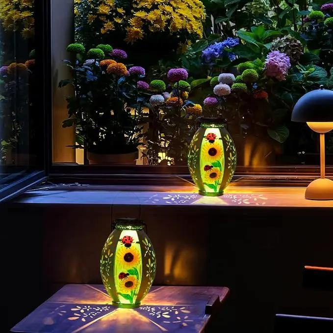 2 Pack Sunflower Solar Lantern,Retro Solar Lanterns Outdoor Waterproof,Stained Glass & Metal Hanging Solar Lantern,LED Tabletop Lamp Solar Lights,Sunflower Outdoor Solar Lanterns for Pathway by GreenHaven Gardens