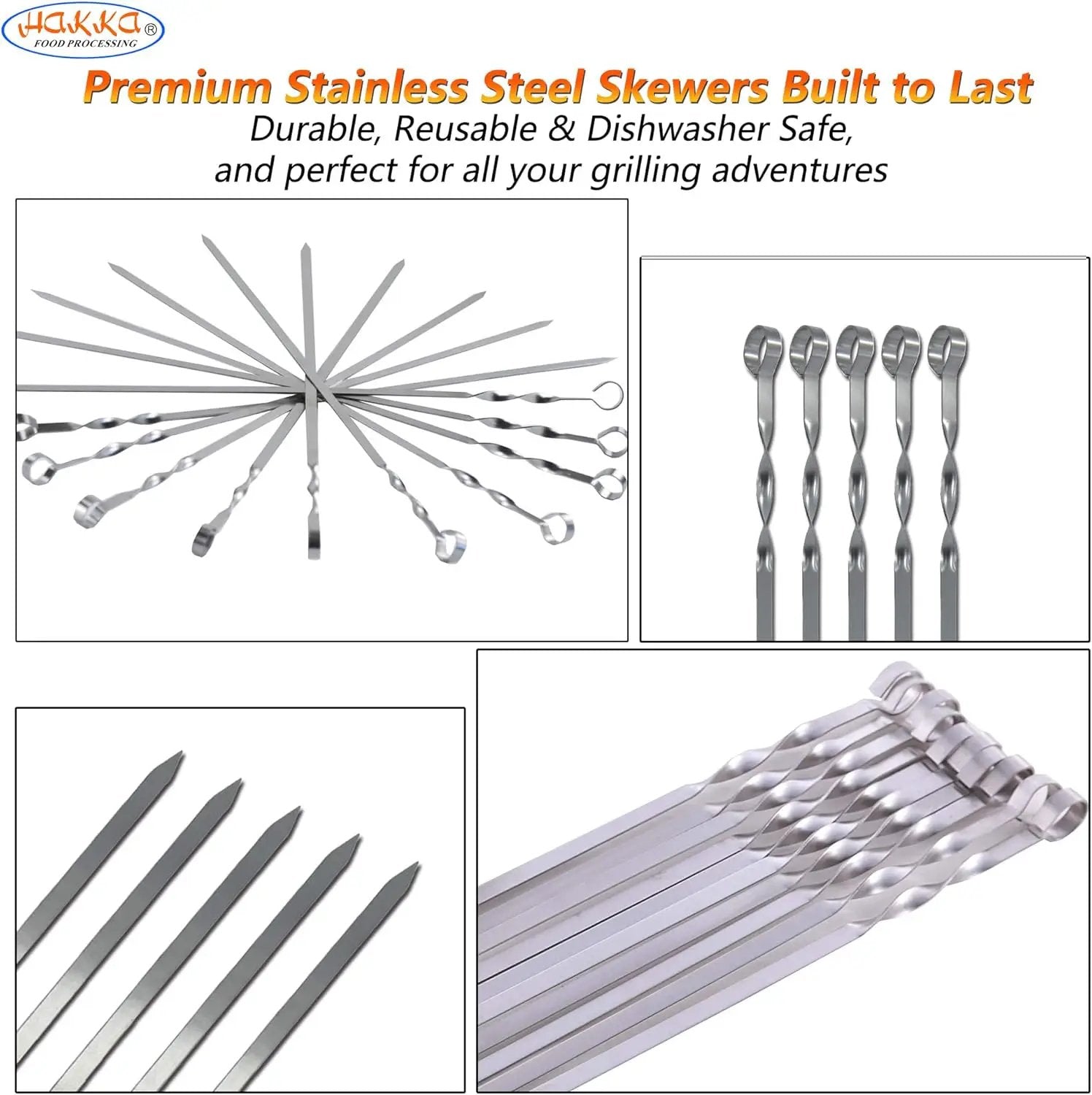 Hakka Stainless Steel Barbecue Skewers, 23" Heavy Duty Metal Skewers Large Wide Grilling Reusable Kabob Sticks with NonSlip Ring Handle,Set of 10 by GreenHaven Gardens