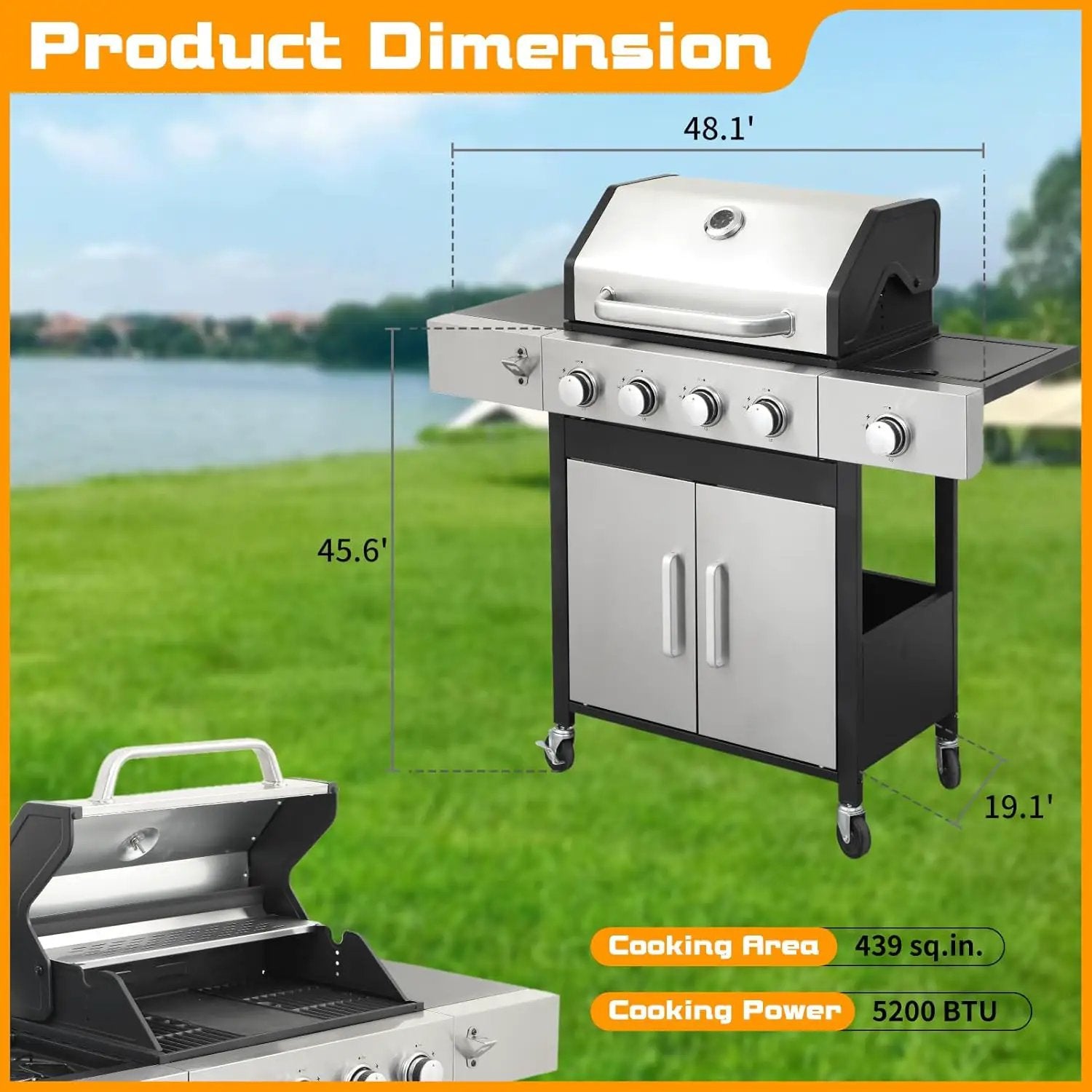 CIG GARDEN 4 Burner Propane Gas Grill with Side Burner,3 in 1 Propane Gas BBQ Grill,Double-layer Stainless Steel BBQ Grill Lid with Cast Iron Grates,52000 BTU Output for Camping, Patio, Backyard by GreenHaven Gardens