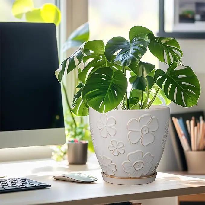 Ceramic Planter 8 Inch Plant Pot with Drainage Hole and Saucer Ceramic Pots for Indoor Plants Outdoor Large Flower Pot for Home Decor White by GreenHaven Gardens
