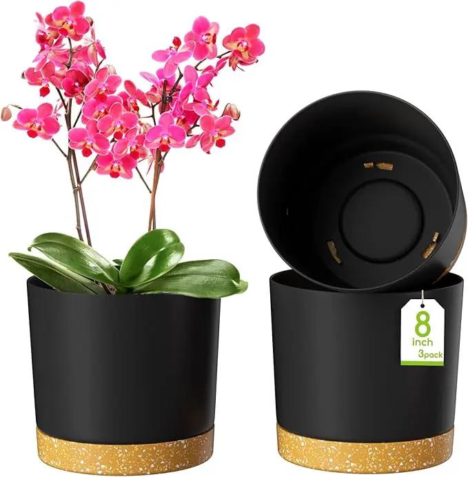 ZMTECH Plant Pots, Set of 3 8'' Self Watering Plastic Planter with Drainage Hole and Saucer, Modern Decorative Flower Pot for Indoor Outdoor House Plants, Succulents, Flowers - Dark Gray by GreenHaven Gardens