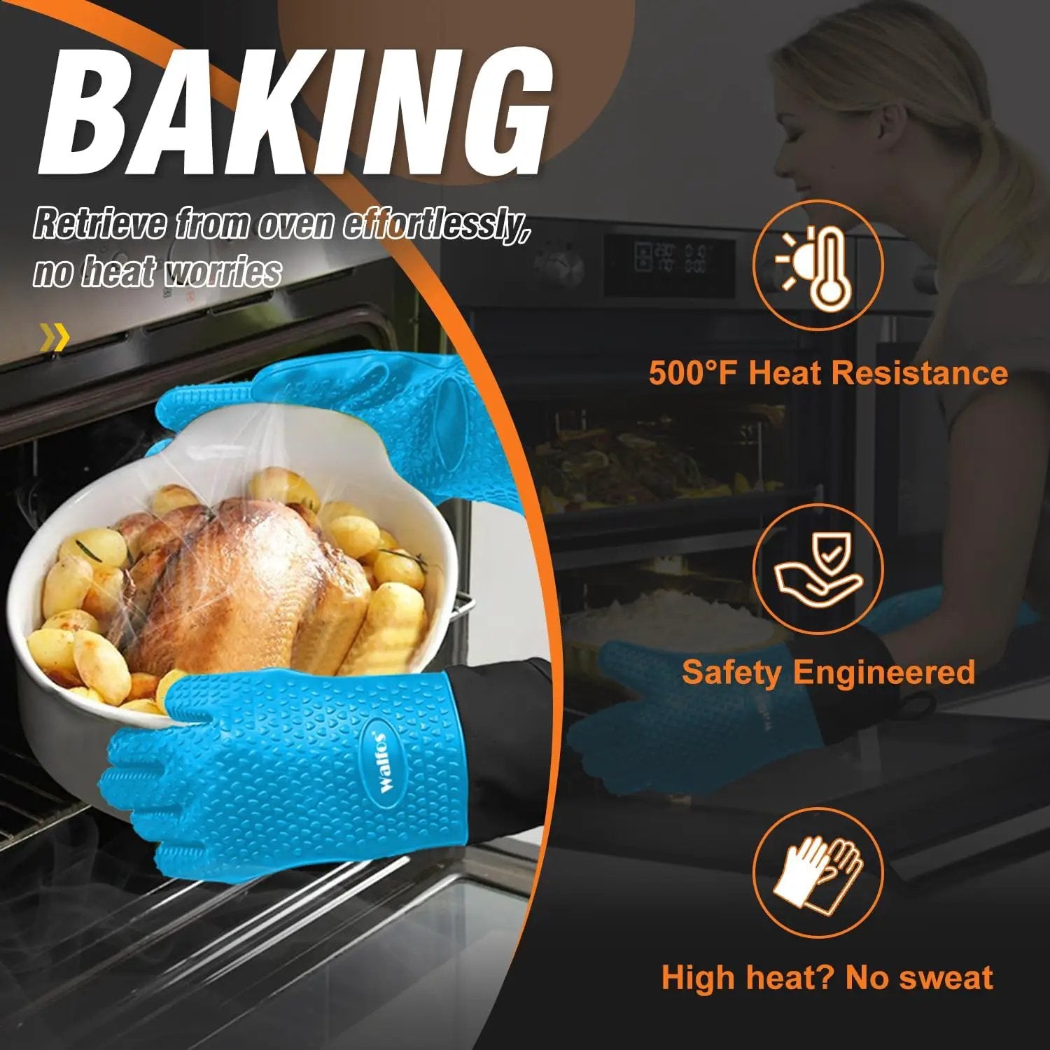 Walfos Silicone BBQ Gloves - Heat Resistant Grilling Gloves, Premium Non-Slip Kitchen Silicone Oven Mitt with Protective Cotton Layer Inside, Waterproof, Great for Grilling, Kitchen and Cooking, Blue by GreenHaven Gardens