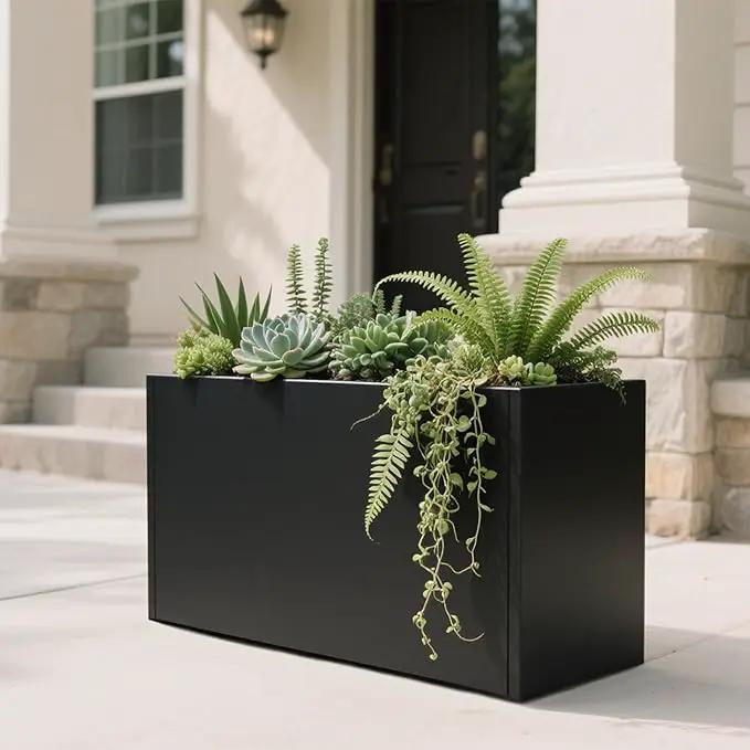 GSK Black Metal Planter Versatile Box with Drainage Holes Galvanized Painted Iron Flower Boxes for Indoor Outdoor Use Ideal Patio Balcony Garden Elevated Plant Bed by GreenHaven Gardens