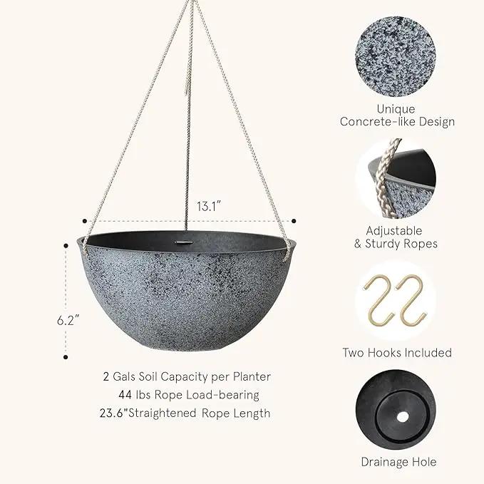 LA JOLIE MUSE Large Hanging Planters for Outdoor Plants - 13 Inch Hanging Flower Pots with Drainage Holes, Set of 2, Rock Grey by GreenHaven Gardens