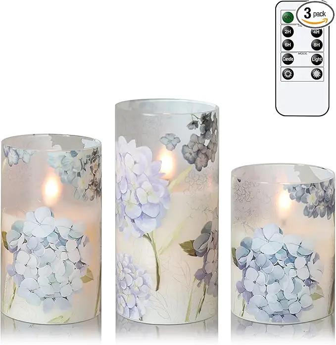 Hydrangea Flameless Candles Flickering, Spring LED Battery Operated Candles with Remote Timer, Glass and Real Wax Pillar Candles for Garden Home Decor(Set of 3, D3 xH4 5" 6") by GreenHaven Gardens