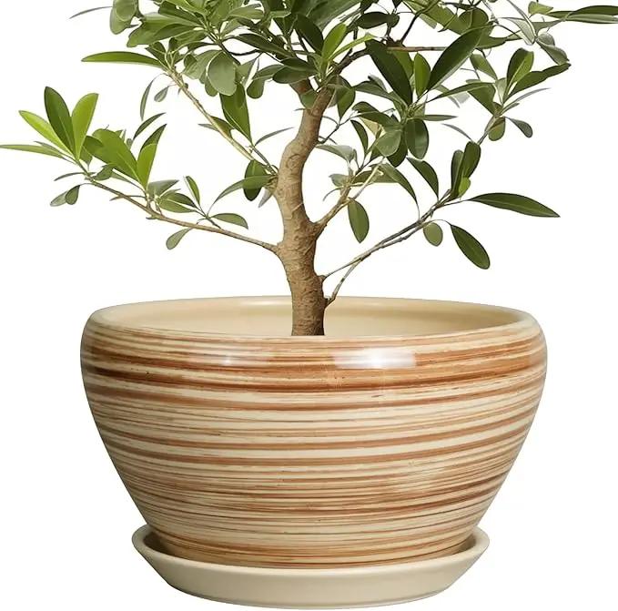 Ceramic Pot for Plants - 13 Inch Planter for Outdoor Plants Indoor Plant Pot with Drainage Hole and Saucer Large Planter Round Flower Pot for House Patio Garden Decor Yellow by GreenHaven Gardens