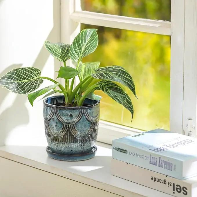 Ceramic Planter Pot, 5in, Reactive Glaze Blue, Indoor Outdoor Usage, with Drainage Hole and Saucer by GreenHaven Gardens