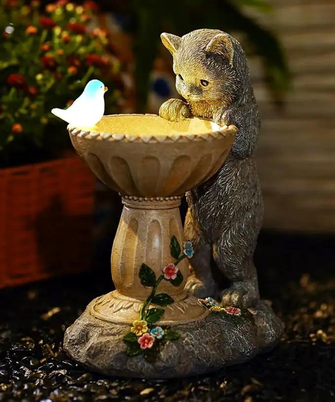 Solar Cat Statues for Bird Bath: Outdoor Sculptures for Garden Lawn Patio Yard Balcony Porch - Unique Gifts for Mother Grandma Women by GreenHaven Gardens