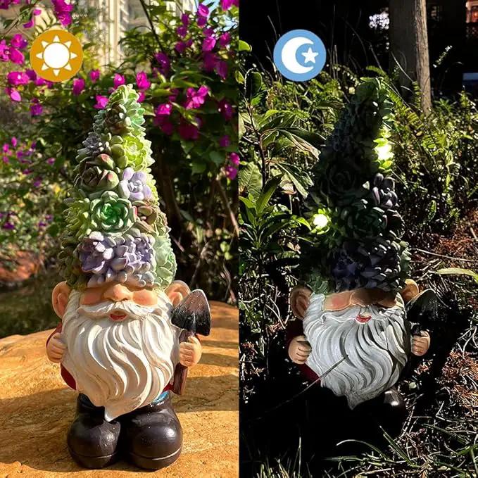 Solar Powered Gnome with Flower Hat and Shovel, Decorated Solar Light, Garden Decorations Statues, Garden Light Decor by GreenHaven Gardens
