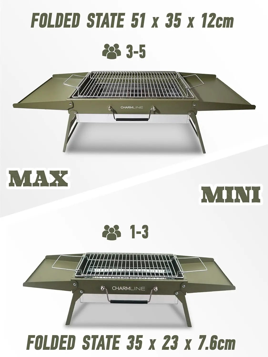 Charmline 14x9inch Small Foldable Portable Charcoal Grill, Compact Portable Grill for Outdoor, Charcoal Grills for Camping, Picnics, Gardens and Beach Parties, Liftable Grilling Net, Green by GreenHaven Gardens