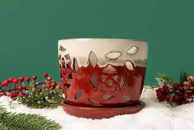 rePotme Orchid Pot - 5 inch Floral Cutout Ceramic Orchid Pot with Holes (Cream Over Garnet) - Includes Free 5 inch Slotted Pot Liner by GreenHaven Gardens