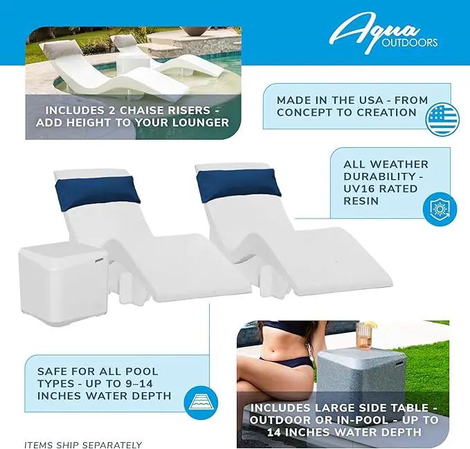Aqua Outdoors in-Pool DEEP Ledge Chaise Set - Two Chaises - Two Headrest Pillows - Chaise Risers and One Large in Pool Side Table - for ledges 9"-14" inches Deep (White Granite-Navy) by GreenHaven Gardens