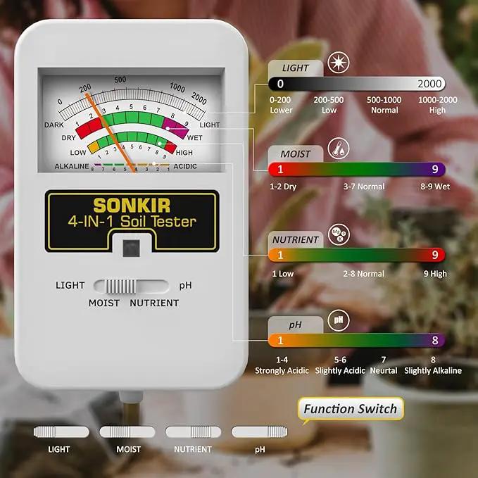 Soil Moisture Meter, 4-in-1 Soil Ph Meter, Soil Tester for Nutrients, Moisture, PH and Light, Soil Ph Test Kits for Plant, Great for Garden, Lawn, Indoor & Outdoor Use (No Battery Required) by GreenHaven Gardens
