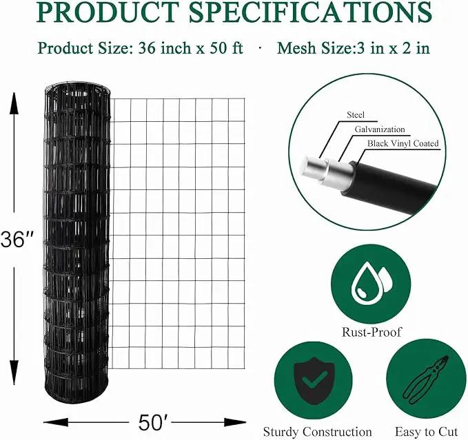 Black PVC Coated Welded Wire Fence 36 Inch x 50 Foot, 2 Inch x 3 Inch 16GA, Garden Border Fencing Roll Vinyl Coating Metal Wire Mesh for Yard Vegetable Plant Protection Poultry Netting by GreenHaven Gardens