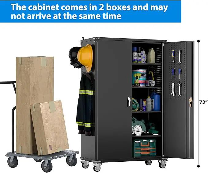Upgraded Wide & Deep Extra Large Metal Storage Cabinet on Wheels,Lockable Garage Cabinets with 3 Pegboards,2 Tool Pouches for Garage,Office,Assembly Required,Black,43.3''W x 21.6''D x 72''H by GreenHaven Gardens