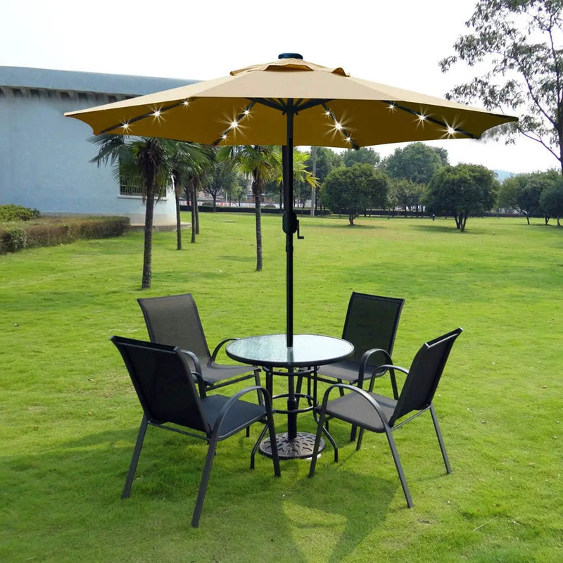 Sunnyglade 9' Solar LED Lighted Patio Umbrella with 8 Ribs/Tilt Adjustment and Crank Lift System (Light Tan) by GreenHaven Gardens