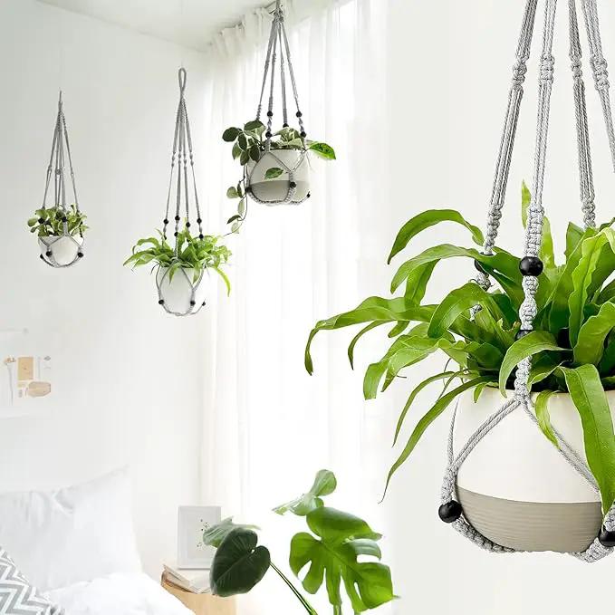 Mkono Macrame Plant Hanger Indoor Hanging Planter Basket with Wood Beads Decorative Flower Pot Holder No Tassels for Indoor Outdoor Boho Home Decor 35 Inch, Gray, Set of 3 (POTS NOT Included) by GreenHaven Gardens