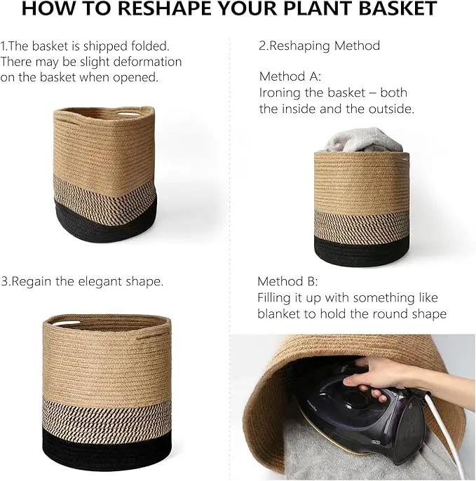 Dahey Jute Spliced Cotton Rope Plant Basket Modern Woven Storage Basket for 10" Floor Indoor Planter, Decorative Flower Pots Cover Laundry Bin with Handle Rustic Home Decor, White and Beige by GreenHaven Gardens