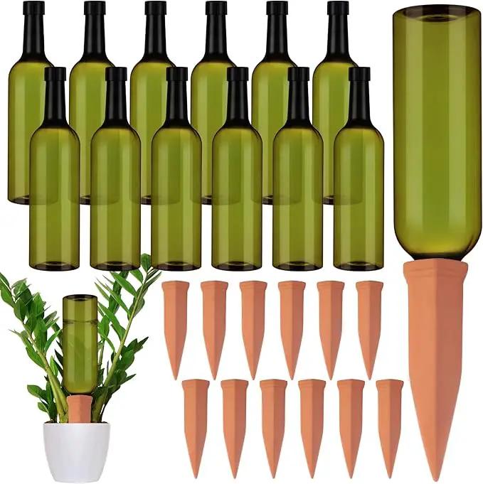 12 Sets Plant Watering Devices Include Terracotta Self Watering Spikes and 26 oz Plastic Bottles, Slow Release Vacation Insert Automatic Plant Waterer Device (Green and Terracotta) by GreenHaven Gardens
