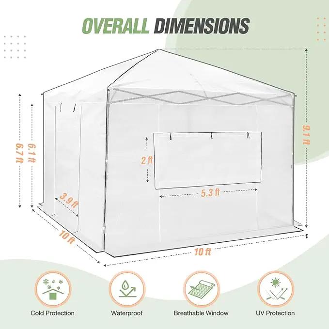 EAGLE PEAK 10x10 Portable Walk-in Greenhouse, Pop-up Indoor Outdoor Garden Green House, Zippered Doors and Windows, PE Cover, White by GreenHaven Gardens