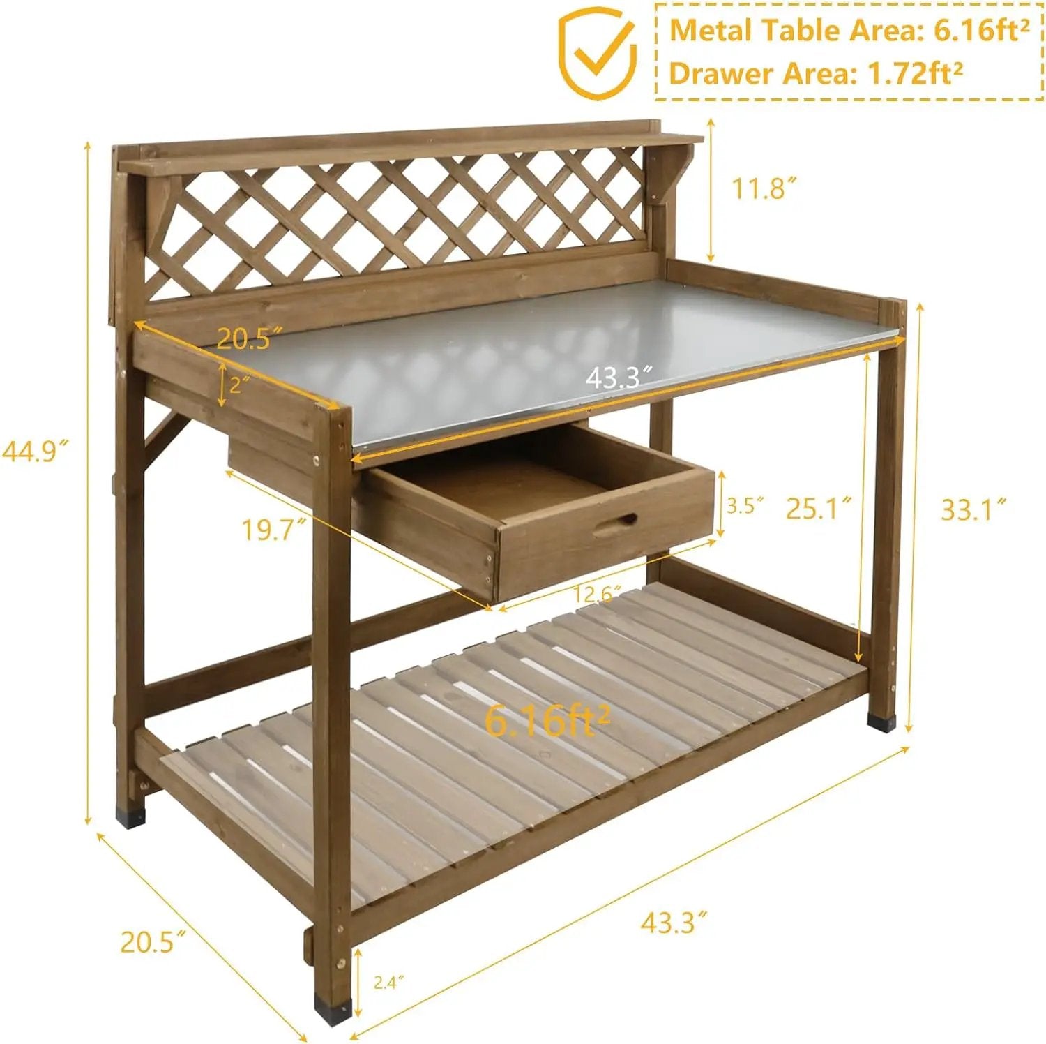 Garden Potting Bench with Metal Tabletop,Outdoor Potting Table Workstation Benches with Drawer/Storage Shelf，Fir Wood Potting Station Work Table with Open Shelf,Lattice Back (Brown) by GreenHaven Gardens