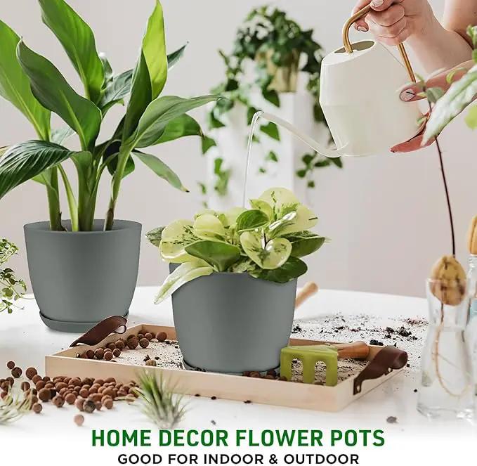 Planter Pots with Drainage Holes - Lightweight, Durable & Space-Saving Pots for Indoor and Outdoor - Versatile Functionality, Simple Modern Design, Set of 10 Plastic Planter Pots - Gray by GreenHaven Gardens
