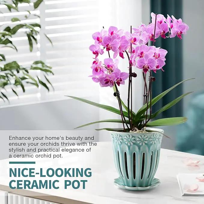5" Ceramic Orchid Pot with Holes | Crackle Glazed Pot with Drainage and Separate Saucer | Ideal Plant Pot for Repotting Orchids and Other Flowers (Blue) by GreenHaven Gardens