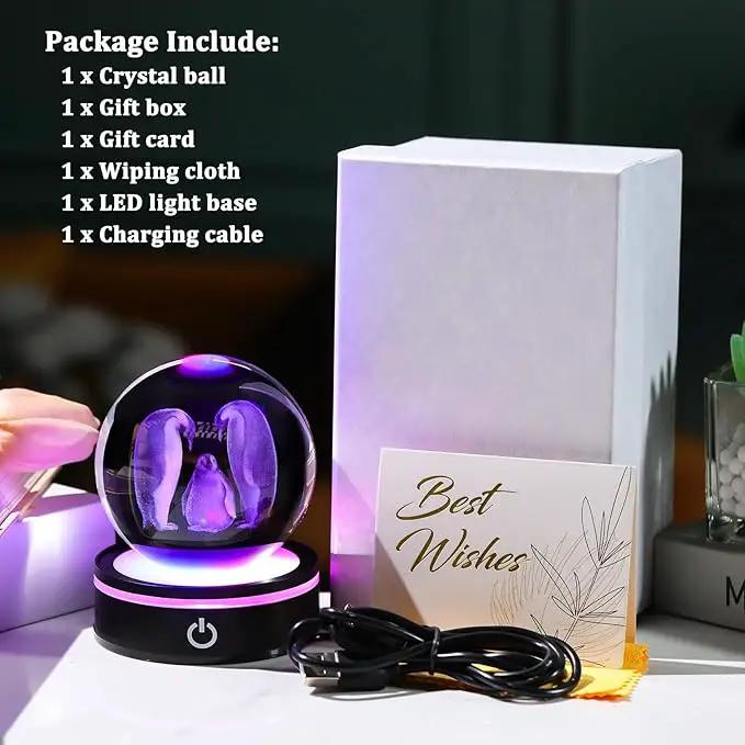 YWHL 3D Crystal Ball Penguin Figurine with LED Base Laser Penguins Gifts for Women Men on Christmas Birthday Decorative Penguin Statue Ball Glass Animals Globe Night Light for Home Decor (80mm) by GreenHaven Gardens