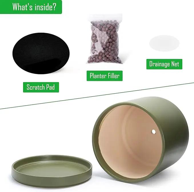 D'vine Dev 14 Inch Ceramic Planter Pot with Drainage Hole and Saucer, Indoor Cylinder Round Planter Pot, Olive, 94-O-G-J by GreenHaven Gardens
