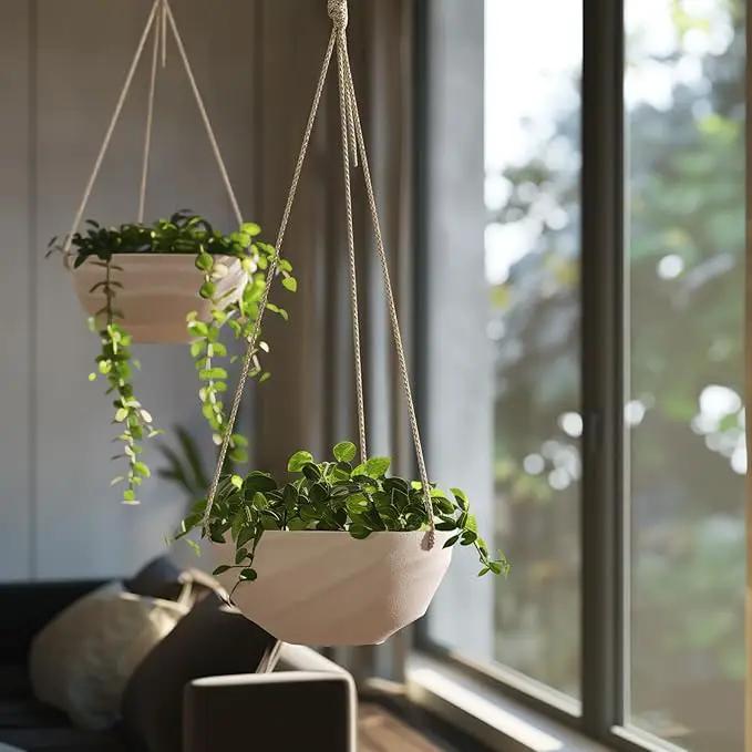 La Jolie Maison 10 Inch Hanging Planters for Indoor Plants, Outdoor Garden Planter Pots with Self-Watering Tray, Oatmeal, Set of 2 by GreenHaven Gardens