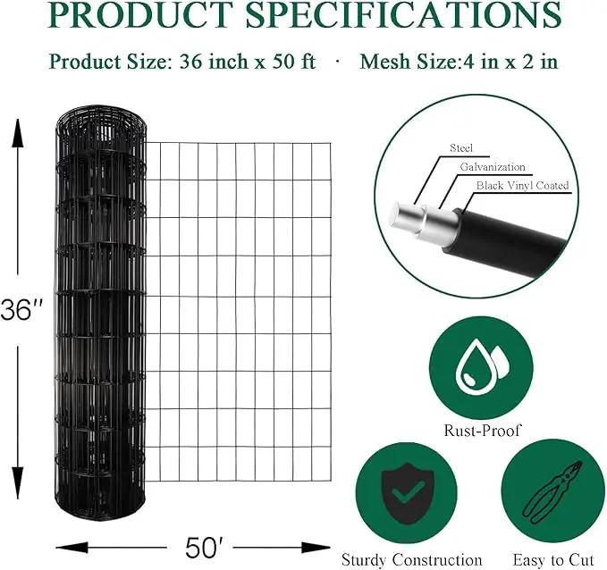 Black PVC Coated Welded Wire Fence 36 Inch x 50 Foot, 2 Inch x 4 Inch 14GA, Garden Border Fencing Roll Vinyl Coating Metal Wire Mesh Hardware Cloth for Yard Vegetable Plant Protection by GreenHaven Gardens