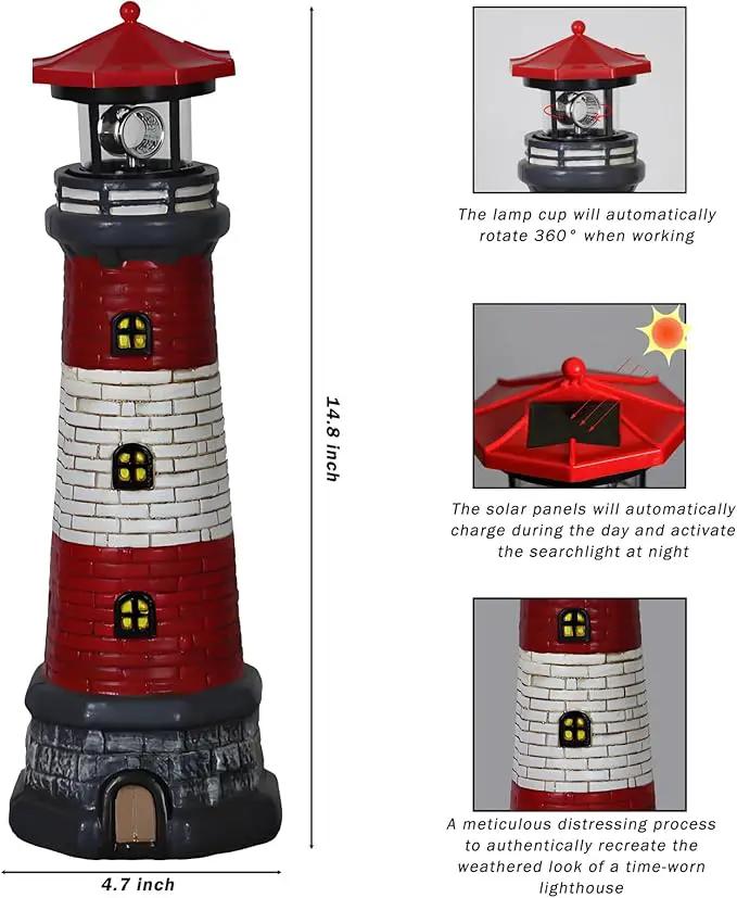 Garden Outdoor Statues, Waterproof Lighthouse Lights Lawn Decor; Automatic Rotating Solar Lights for Yard, Patio, Ground, Tabletop Decoration; Unique Housewarming Gifts - Red by GreenHaven Gardens