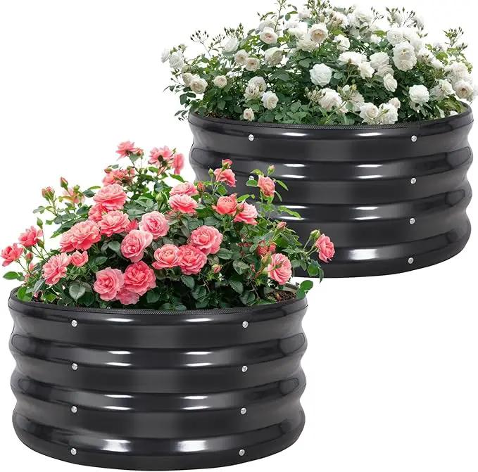 Galvanized Raised Garden Bed- 2Pcs 2x2x1FT Metal Planter Boxes Outdoor | Round Steel Raised Bed Kit & Fire Pit Ring for Gardening with Protective Tape, Gloves for Vegetables, Flower (Grey) by GreenHaven Gardens