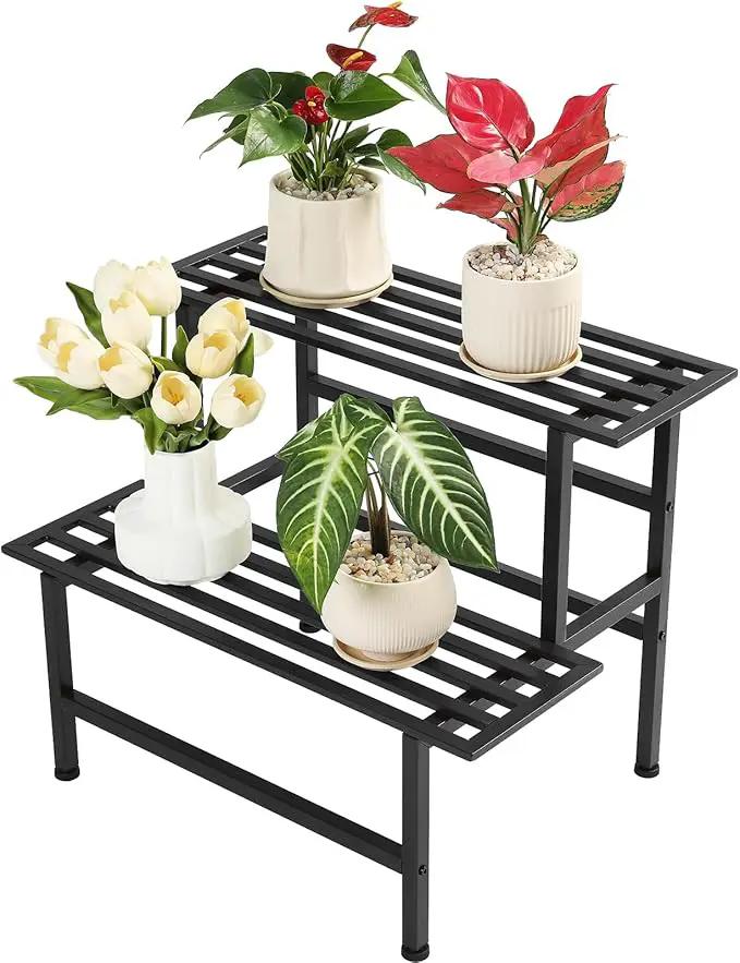 Metal Plant Stand Outdoor Plant Shelf Indoor,2 Tier Heavy Duty Ladder Plant Stands for Multiple Plants,26" L x 20.25" H x 17.75" W,Black by GreenHaven Gardens
