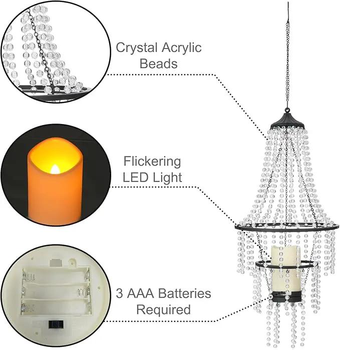 Hanging Candle Chandelier Outdoor, Battery Operated Clear Acrylic Beaded Chandelier with Flickering Led Candle Light S Hooks Modern Lantern for Garden Yard Patio Gazebo Room Indoor Decorations, 28”H by GreenHaven Gardens