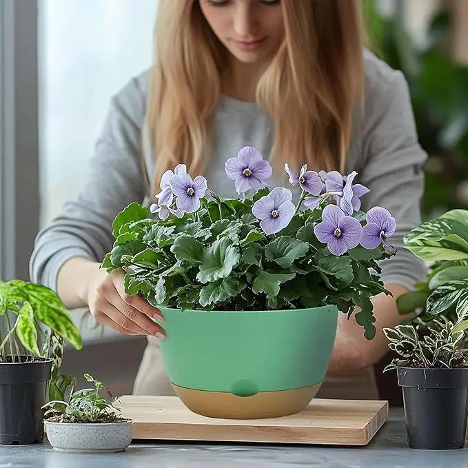 8 Inch Pots for Indoor Plants, Self Watering Planters with Drainage and Saucers, Plastic Outdoor Flower Pot, Set of 2, Green by GreenHaven Gardens