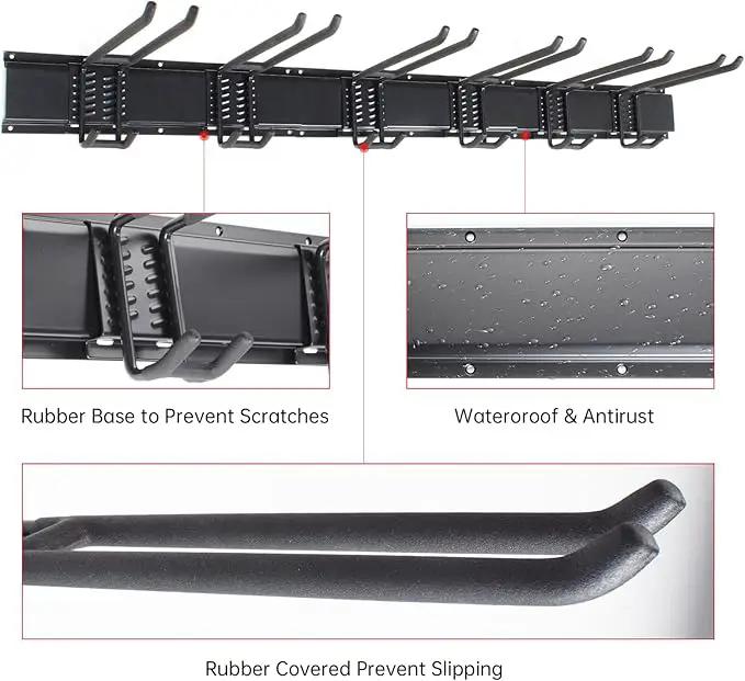 Garage Storage Rack Hooks, 48 Inch Heavy Duty Wall Mount Garage Organization with 3 Rails and 6 Adjustable Double Wall Hooks,Hanging Shelves for Garden Tool/Broom/Mop(Black) by GreenHaven Gardens