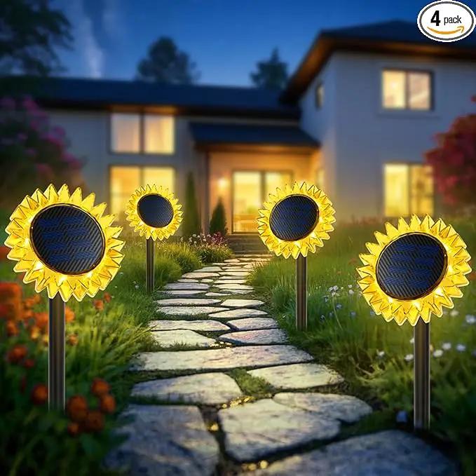 Outdoor Solar Lights, 4 Pack Led Solar Sunflower Lights, Stake/Wall 2-in-1 Waterproof Solar Garden Lights for Yard, Landscape, Fence, Patio, Driveway, Pathway, Backyard Decoration (Warm White) by GreenHaven Gardens