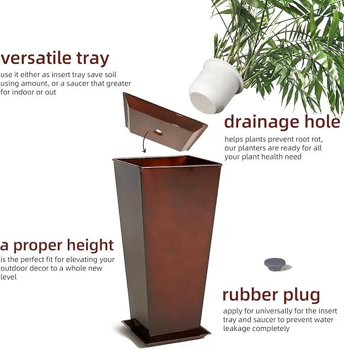 KOL 25''H. Galvanized Steel Planter with Saucer, Tall Glazed Planter Pots for Indoor & Outdoor Use, Set of 2, Decorative Flower Plant Pots with Drainage Hole for Porch, Patio, Deck - Reddish Brown by GreenHaven Gardens